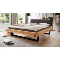 Massivart® Massivholzbett Massivholzbett Balkenbett SVEA / Fichte geölt und gebeizt, Farbe Natur-Eiche / Polsterkopfteil anthrazit / Kufen-Gestell schwarz