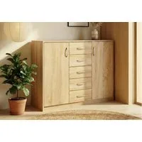 Home Collective Kommode mit 5 Schubladen und 2 Türen in matter Ausführung, Kommode 110cm breit (mit hochwertigen Polymergriffen, aus laminierter Platte gefertigt, Metallrollen mit Auszugsstopp), Holz Schrank Sideboard Highboard Kommode mit Schubladen