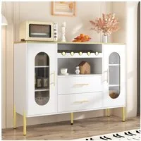 Merax Sideboard mit Glasfronten, integriertem Weinregal & goldfarbenen Aluminiumbeinen (1 St., 120x38x90cm), Buffetschrank Kommode mit verstellbaren Einlegeböden & 2 Schubladen