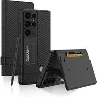 Wigento Handyhülle Für Samsung Galaxy S25 Ultra GKK Flip Wallet Leder / TPU Hülle Carbon, Flip Cover, Kartenfächer, Kickstand