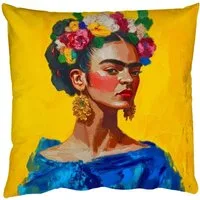 MuchoWow Dekokissen Frida Kahlo - Frau - Gelb - Blau - Blumen, Zierkissen mit Füllung für Wohnzimmer, Sofakissen, 40x40 cm