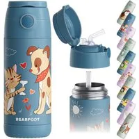 BEARFOOT Trinkflasche Thermo Kinder Trinkflasche Edelstahl - Hund & Katze blau, Thermosflasche, auslaufsicher, Edelstahl, Kinderflasche, BPA-frei
