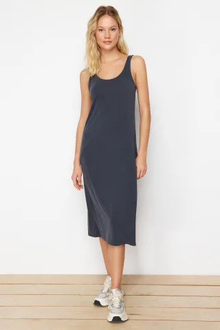 Graues, gerades, ärmelloses Midikleid für Damen, lässig/alltagstauglich