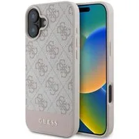 Guess Handyhülle iPhone 16 Kunstleder Muster rosa Logo Schrift goldfarbig