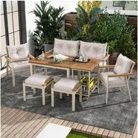 Merax Gartenlounge-Set Akazienholz Esstisch-Set für 6-7 Personen, (abnehmbare und waschbare Kissenbezüge, 7-tlg., Ideal für Terrasse, Garten, Balkon), 6-Sitzer Gartenmöbel mit 2 Stühlen, 2 Hockern, Sofa und Servierwagen