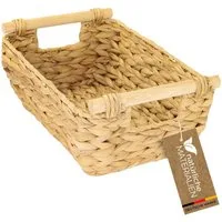 HMF Aufbewahrungskorb Aufbewahrungskorb geflochten aus Wasserhyazinthe, Korb mit Holzgriffen (1 St), Aufbewahrung für Badezimmer, Wohnzimmer, Küche 32 x 22 x 12 cm, Natur