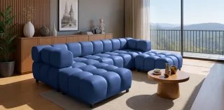 Sofa Designersofa FLOW 3-Sitzer inkl. 2 x Polsterhocker Stoff Bluvel Blau
