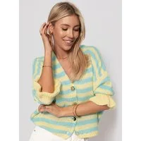 SASSYCLASSY Cardigan Gestreifter Cardigan mit 3/4-Ärmeln für Damen Cozy Cardigan mit Ballonärmeln und Knopfleiste Grau Pink Gelb