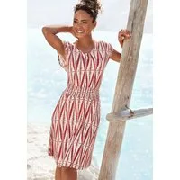 LASCANA Jerseykleid mit breitem Smokbund und Alloverprint kurzes Sommerkleid, Druckkleid, Viskosekleid, luftiges Strandkleid