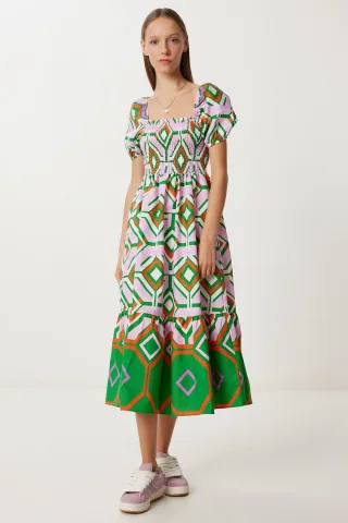 Batikdruck-Midikleid mit Rüschendetails