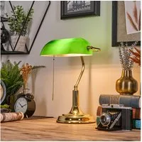 hofstein Tischleuchte Tischlampe aus Metall/Glas in Goldfarben/Grün/Weiß, Schreibtischlampe, ohne Leuchtmittel, traditionelle Bankerlampe für Büros im Vintage-Design, Zugnschnur, E27
