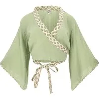 Guru-Shop Longbluse Kurztop, Boho Blusentop, Musselin Wickeltop,.. alternative Bekleidung