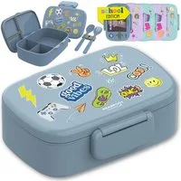 BEARFOOT Lunchbox Brotdose Kinder mit Fächern, auslaufsicher - Sticker, blau, Kindergarten und Schule - Mädchen und Jungen, Vesperbox, Snackbox