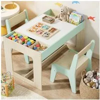 TLGREEN Kindertisch mit 2 Stühlen, Kindersitzgruppe (Kinder Tisch Stuhl Set mit wendbarer Tischplatte, 80 x 48 x 48 cm), Kinderschreibtisch für Schule, Kindertagesstätte, Kinderzimmer