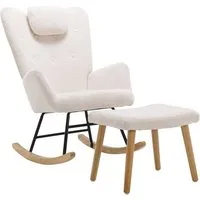 Merax Schaukelstuhl mit Teddyplüsch, Swingsessel mit Holzsockel, Schaukelsessel mit Hocker,Kopfstütze