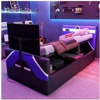 Merax Polsterbett 90x200cm im E-Sport-Stil mit LED-Beleuchtung (Jugendbett Einzelbett, 1-tlg., Funktionsbett), Kinderbett mit hydraulischem Stauraum und TV-Halterung, Kunstleder