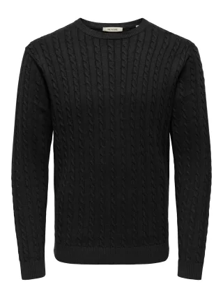 ONLY&SONS - ONSLOUI REG 12 CABEL CREW KNIT NOOS black - Gr. - XL