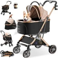COMHOMA Hundebuggy Hundewagen klappbar bis 25KG, 4-in-1 Faltbar Katzenwagen, 180° verstellbaren Markise und Getränkehaltern