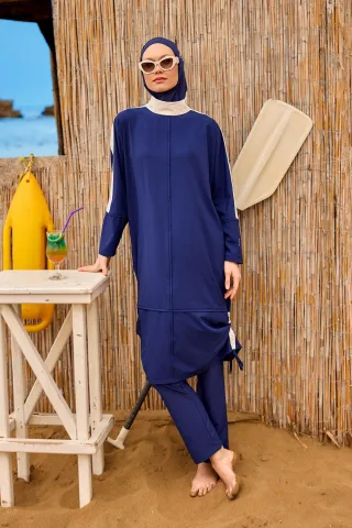 Marineblaues Burkini-Set mit vollständiger Abdeckung und bescheidener Badebekleidung