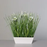 Kunstpflanze künstliches Wiesenblumengras in weißer rechteckiger Kunststoffschale, mucPlants