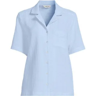 Kurzärmelige Musselin-Bluse, Damen,  Blau, Baumwolle, by Lands' End