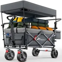 TRESKO Bollerwagen TRESKO Faltbarer Bollerwagen Handwagen (Feststellbremsen (Vorne & Hinten) und 3-Punkt-Gurt, max. belastbar bis 150kg Transportwagen mit Vollgummireifen), Faltbar mit Dach, Kühlfach & Seitenrollos Handwagen