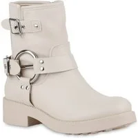 VAN HILL 21405236 KY CC2325 Damen Stiefeletten Beige 36 Bikerboots Damen Leicht Gefütterte Biker Boots Schnallen Nieten