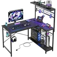 Bestier Gamingtisch L-förmiger Gamingtisch mit LED-Beleuchtung (106,6 x 82,5 x 134,95 cm Schreibtisch mit Regal, 1 Tisch mit Haken), Jugendschreibtische mit 3 Steckdosen & 2 USB-Anschlüsse