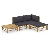 vidaXL Gartenlounge-Set 4-tlg. Garten-Lounge-Set mit Dunkelgrauen Kissen Bambus, (1-tlg)