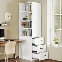 Flieks Bücherregal mit seitlichen Schubladen, links und rechts austauschbar, B60/T38/H180 cm 1-tlg., Hochschrank mit verstellbaren Einlegeböden Wohnzimmerschrank Weiß