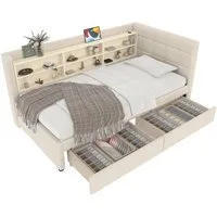 SOFTWEARY Stauraumbett (90x200 cm, Lattenrost, Schubladen, Regal, USB und Type-C Anschluss), Einzelbett, Polsterbett, Leinen