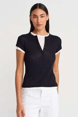 Damen Baumwoll V-Ausschnitt Button T-Shirt