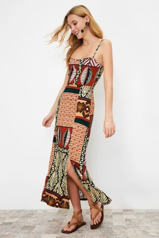 Damen-Midikleid mit Ethno-Muster, Spaghettiträgern, lässig, normale Passform