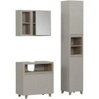 Vicco Badmöbel-Set Elnor, Greige/Eiche, 3 Teile mit Hochschrank, (3-St., 3er Set)