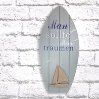 finehomegarden Dekofigur Surfbrett Board Aqua blau creme Holz Maritim Hänger 16x H35cm (1 St), Meer Segelboot Sommer Dekoration / Paket