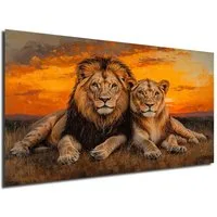 DARO Design Leinwandbild Modern Abstrakt Wandbilder XXL Wandbild Wand Deko Leinwand Bilder, (Löwenpaar Sonnenuntergang - Bild groß Wohnzimmer Schlafzimmer Küche Esszimmer Einteilig Querformat Fotodruck Leinwände Wanddeko Abstrakte Kunst Boho), 86x54c