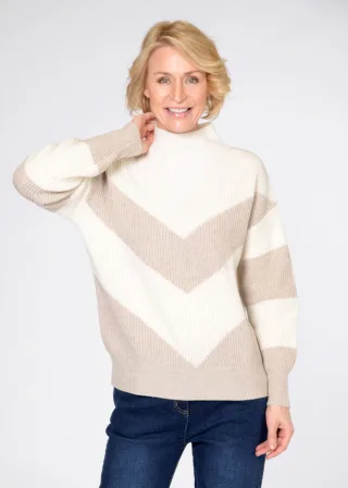 CLARINA - Stehbund-Pullover, 1/1 Arm sand mel.-offwhite - Gr. - 40