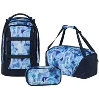Satch Schulranzen Schulrucksack-Set PACK Blurry Sky 3-teilig (3-teilig), ergonomisch, Your-Size-System: auf Körpergröße anpassbar