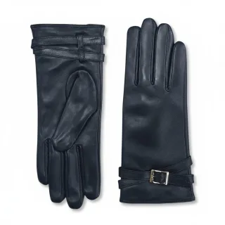 Schwarze Damen-Winter-Autofahrerhandschuhe aus italienischem Leder mit weichem Wollfutter und Schnalle