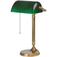 Licht-Erlebnisse Schreibtischlampe W7, ohne Leuchtmittel, Bankerlampe Grün E27 42 cm Zugschalter Messing Glas Jugendstil