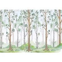 Wallarena Fototapete Kinder Vlies Wald Bäume Aquarell Grün Kinderzimmer 350x250 cm, glatt, 350 x 250 cm