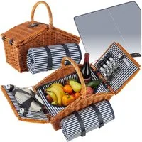 tectake Picknickkorb Ausflugstasche Usedom für 4 Personen, mit Kühlfach & Zubehör (Komplettset, 20-teiliges Geschirrset, Kellnermesser, Gewürzstreuer), geflochtene Weide, mit Drehverschluss und Tragegriff