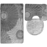 ROLFNERS Badematte 3 tlg Badematte Badezimmerteppich Badteppich Set Grau, Weicher Flor, Rutschfest, Schnell Trocknend, Fußbodenheizungsgeeignet, Polypropylen, Florhöhe ca. 15 mm, Waschbar bis max. 30°C