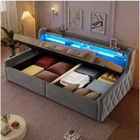 Merax Daybett Kinderbett Tagesbett Plattformbett mit Bettkasten (1 tlg), Polsterbett 90x200cm mit hydraulischem Stauraum & LED Kopfteil, Samt