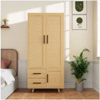 FUROKOY Kleiderschrank Drehtürenschrank mit 3 Schranktüren aus Rattan Garderobenschrank mit 2 Kleiderstangen,2 Schubladen