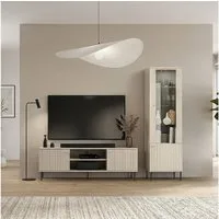 Lomadox Wohnzimmer-Set SALOU-131, (Mega-Spar-Set, 2-St., Vitrine Lowboard), kaschmir matt mit Rillenfront mit Beleuchtung