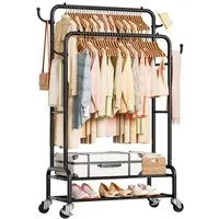 Yorbay Kleiderständer Doppelstange Garderobenständer auf Rollen, mit 2 Ablage, Schwarz, Groß Clothes Rack aus Metall bis 120 kg Belastbar, 90 cm Breit