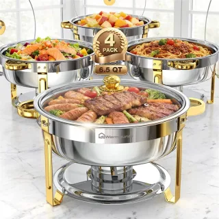 WARMOUNTS 6.5QT Gold Chafing Dishes for Buffet with Glass Lid 2Packs/4Packs Round Chafers and Buffet Warmers Set with Mi