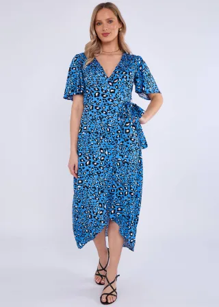 Blaues Viskose-Wickel-Midikleid mit Tiermuster