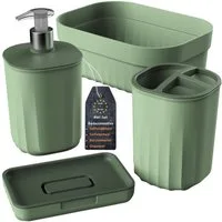 Engelland Badaccessoire-Set Badezimmer-Set, 4-teilig, bestehend aus Seifenspender, Seifenschale, Zahnbürstenhalter & Organizer, Vorteils-Set, 4 tlg., 4-teilig, modernes Design, robuster Kunststoff, BPA-frei, Rillen-Optik